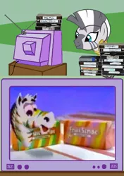 Size: 563x800 | Tagged: derpibooru import, exploitable meme, fruit stripe, meme, safe, tv meme, vhs, zebra, zecora