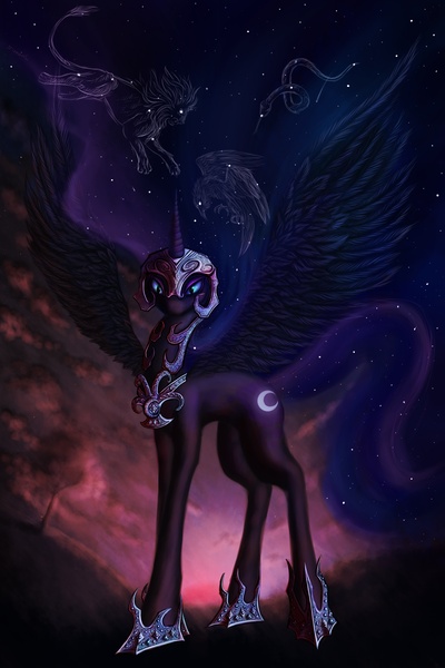 Size: 1600x2400 | Tagged: alicorn, armor, artist:sirmaril, cloud, derpibooru import, ethereal mane, jewelry, night, nightmare moon, regalia, safe, solo, spread wings, stars, tree, wings