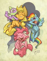 Size: 833x1068 | Tagged: safe, artist:edtropolis, derpibooru import, applejack, pinkie pie, rainbow dash, spike, dragon, earth pony, pegasus, pony, eyes closed, female, flying, laughing, looking back, male, mare, open mouth, signature, smiling, spread wings