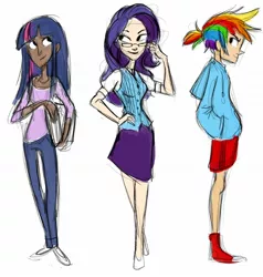 Size: 1600x1683 | Tagged: artist:harpymarx, clothes, converse, derpibooru import, glasses, humanized, rainbow dash, rarity, safe, shoes, skinny, skirt, twilight sparkle