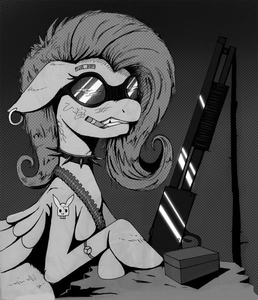 Size: 1031x1200 | Tagged: semi-grimdark, artist:hereticofdune, derpibooru import, fluttershy, pegasus, pony, ammunition belt, badass, bandaid, choker, cigar, ear piercing, earring, goggles, gun, jewelry, messy mane, piercing, shotgun, smoking, tattoo, weapon