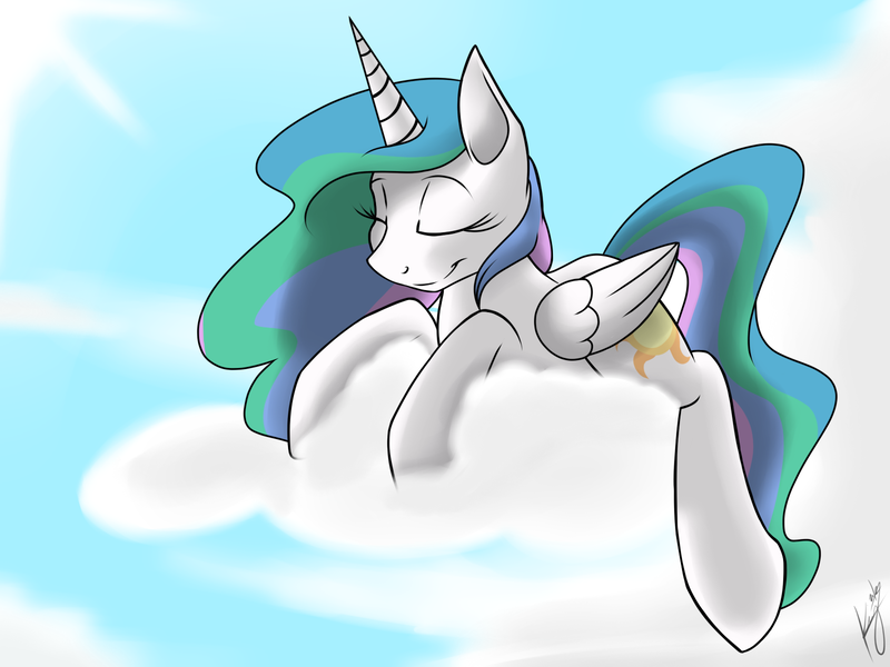 Size: 1600x1200 | Tagged: artist:kyroking, cloud, cloudy, cute, cutelestia, derpibooru import, eyes closed, missing accessory, princess celestia, prone, safe, smiling, solo