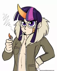Size: 2000x2500 | Tagged: artist:mrw32, breasts, cigarette, clothes, derpibooru import, glasses, high res, horned humanization, humanized, jacket, smoking, stupid sexy twilight, suggestive, twilight sparkle