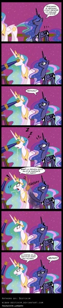 Size: 600x2895 | Tagged: safe, artist:innuendo88, artist:niban-destikim, derpibooru import, princess celestia, princess luna, alicorn, pony, asleep on the job, clop, comic, drool, female, gibberish, luna is not amused, mare, onomatopoeia, royal sisters, sleeping, sound effects, spanish, telescope, translation, unamused, uselesstia, z, zzz