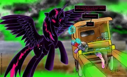 Size: 1174x714 | Tagged: grimdark, artist:arconius, derpibooru import, pinkie pie, twilight sparkle, twilight sparkle (alicorn), oc, oc:littlepip, alicorn, pony, unicorn, fallout equestria, fanfic, clothes, fanfic art, female, floppy ears, glowing horn, hooves, horn, levitation, magic, mare, ministry mares, pipbuck, pipleg, telekinesis, vault suit, wings