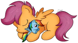 Size: 1460x813 | Tagged: artist:secret-pony, cute, cutealoo, derpibooru import, doll, eyes closed, plushie, prone, rainbow dash, safe, scootaloo, simple background, sleeping, smiling, snuggling, transparent background