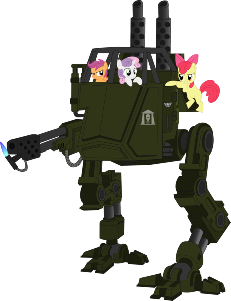 Size: 1741x2268 | Tagged: apple bloom, artist:commissarprower, cutie mark crusaders, derpibooru import, flamer, imperial guard, imperium, safe, scootaloo, sentinel, sweetie belle, this will end in tears, warhammer 40k, warhammer (game)