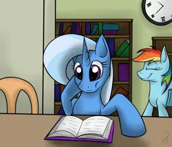 Size: 1400x1200 | Tagged: artist:kyroking, book, derpibooru import, rainbow dash, safe, smiling, trixie