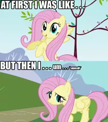 Size: 534x602 | Tagged: safe, derpibooru import, edit, edited screencap, screencap, fluttershy, bird, pegasus, pony, friendship is magic, female, flying, frown, hill, image macro, looking back, mare, open mouth, outdoors, raised hoof, road, shy, smiling, solo, songbird, spread wings, standing, text, tree, wings