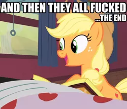 Size: 720x619 | Tagged: and then they all fucked, applejack, bloomberg, derpibooru import, image macro, implied sex, suggestive, vulgar