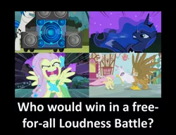 Size: 1408x1074 | Tagged: safe, derpibooru import, edit, edited screencap, screencap, fluttershy, gilda, princess luna, vinyl scratch, gryphon, epic wub time, griffon the brush off, luna eclipsed, the best night ever, bass cannon, flutterrage, loud, nightmare night, roar, traditional royal canterlot voice, yelling