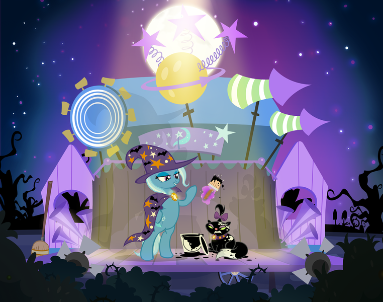 Size: 1200x945 | Tagged: safe, artist:pixelkitties, derpibooru import, opalescence, trixie, cat, unicorn, angry, bipedal, broom, cape, clothes, female, halloween, hat, levitation, lidded eyes, magic, mare, messy, moon, night, nightmare night, paint, smiling, stage, stars, telekinesis, this will end in pain, trixie's cape, trixie's hat, trixie's wagon, witch