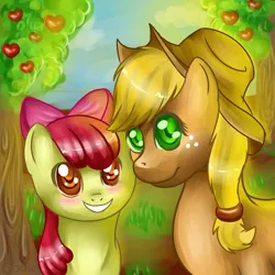 Size: 992x992 | Tagged: safe, artist:ghst-qn, artist:schasti, derpibooru import, apple bloom, applejack, earth pony, pony, apple, apple bloom's bow, apple tree, applejack's hat, blushing, bow, cowboy hat, female, filly, food, grin, hair bow, hat, looking at you, mare, sisters, smiling, tree