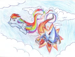 Size: 900x695 | Tagged: safe, artist:srb2-blade, derpibooru import, rainbow dash, crossover, image, metal sonic, png, race, rivalry, sonic rainboom, sonic the hedgehog, sonic the hedgehog (series), traditional art