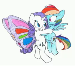 Size: 2241x1974 | Tagged: artificial wings, artist:carnifex, artist:ronmart12, augmented, blushing, colored, derpibooru import, female, flying, lesbian, magic, magic wings, rainbow dash, raridash, rarity, safe, shipping, traditional art, wings