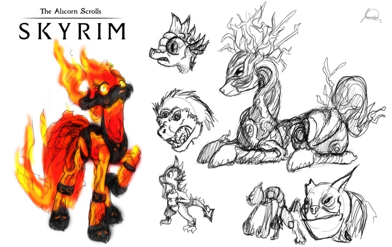 Size: 1600x1008 | Tagged: artist:ryuukiba, atronach, crossover, derpibooru import, diamond dog, falmer, flame atronach, ponified, safe, sketch, skyrim, spike, spriggan, the alicorn scrolls: skyrim, the elder scrolls, troll