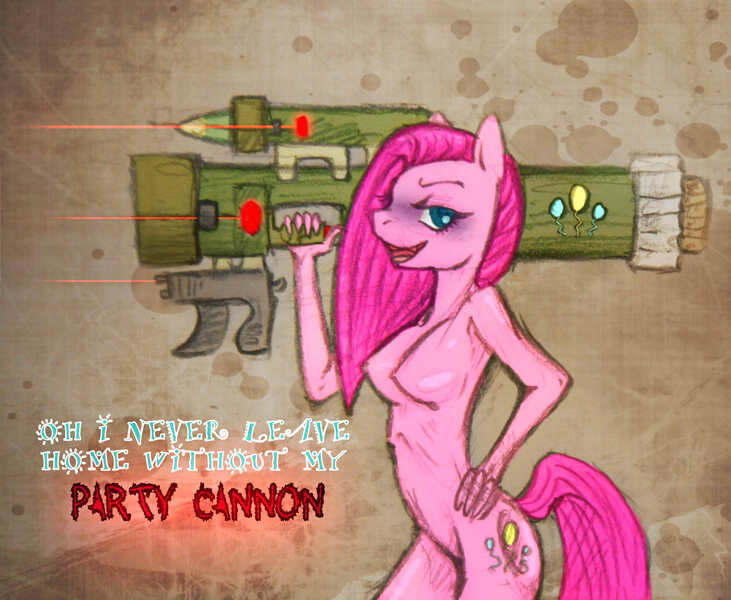 Size: 2871x2357 | Tagged: anthro, artist:xxpoizenxx, breasts, derpibooru import, female, high res, nipples, nudity, pinkamena diane pie, pinkie pie, questionable, rocket launcher