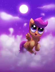 Size: 541x700 | Tagged: artist:aylastardragon, cloud, cloudy, cute, cutealoo, derpibooru import, flying, moon, night, safe, scootaloo, scootaloo can fly, solo