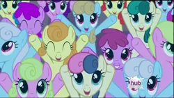 Size: 1920x1080 | Tagged: safe, derpibooru import, screencap, berry punch, berryshine, bluebonnet, bon bon, carrot top, daisy, flower wishes, gloriosa daisy, golden harvest, linky, shoeshine, strawberry sunrise, sweetie drops, unnamed pony, earth pony, pegasus, pony, hearth's warming eve (episode), adorabon, background pony, background pony audience, coca melody, coconut melody, crowd, cute, cutie top, female, hearth's warming eve, hub logo, hubble, hugstorm, incoming hug, linkybetes, mare, merry melody, not bon bon, pink cola, purple rainbow, recolor, strawwberry sunrise, the hub, tree stump (character), yellow blueberry, yellow melody