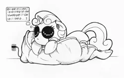 Size: 1000x629 | Tagged: safe, artist:blue-von, derpibooru import, sweetie belle, pony, robot, robot pony, unicorn, binary, black and white, color me, dream, eyes closed, female, filly, floppy ears, foal, futurama, grayscale, hooves, horn, lying down, monochrome, recharging, sleeping, solo, sweetie bot