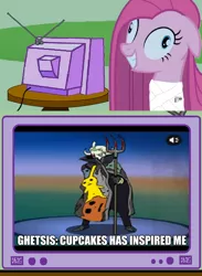 Size: 562x769 | Tagged: safe, derpibooru import, pinkie pie, pony, fanfic:cupcakes, exploitable meme, ghetsis, meme, peta, pinkamena diane pie, pokémon, tv meme