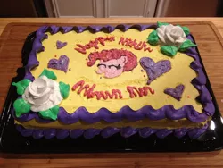 Size: 816x612 | Tagged: birthday cake, cake, defictionalization, derpibooru import, food, hapvw mnulh milnum nim, irl, party of one, photo, pinkie pie, real, safe, solo, written equestrian