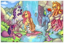 Size: 1167x790 | Tagged: angel bunny, applejack, artist:reaperfox, book, derpibooru import, fluttershy, mane seven, pinkie pie, rainbow dash, rarity, safe, spike, twilight sparkle, waterfall