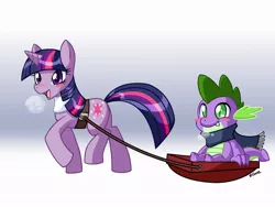 Size: 840x630 | Tagged: artist:rongs1234, clothes, derpibooru import, safe, scarf, sleigh, snow, spike, twilight sparkle