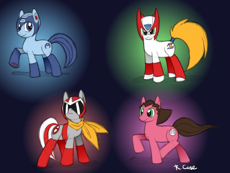 Size: 1012x761 | Tagged: artist:rongs1234, derpibooru import, megaman, megaman legends, megaman x, ponified, proto man, safe, tron bonne, zero