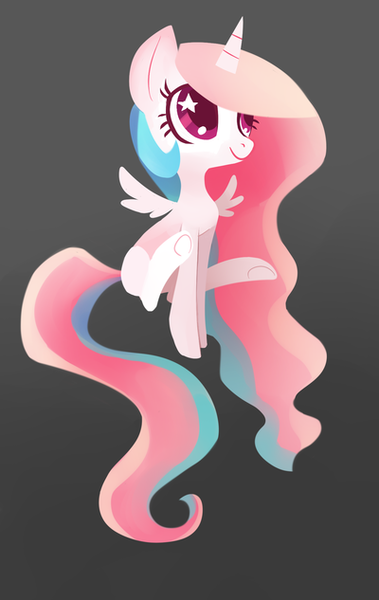 Size: 400x633 | Tagged: dead source, safe, artist:sambragg, derpibooru import, princess celestia, alicorn, pony, cewestia, cute, cutelestia, female, filly, gradient background, gray background, mare, no more ponies at source, simple background, sitting, smiling, solo, stars, underhoof, weapons-grade cute, wingding eyes, younger