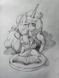 Size: 960x1280 | Tagged: safe, artist:discommunicator, derpibooru import, princess celestia, alternate hairstyle, book, clothes, hoodie, monochrome, sketch, solo, tongue out