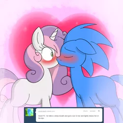 Size: 1000x1000 | Tagged: dead source, safe, derpibooru import, sweetie belle, oc, oc:sonic dash, ponified, ask, blushing, canon x oc, crossover shipping, kissing, shipping, sonicbelle, sonic the hedgehog, sonic the hedgehog (series), teenage crusaders answers, teenager, tumblr