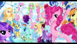 Size: 1112x640 | Tagged: safe, artist:passionatestar, derpibooru import, amethyst star, berry punch, berryshine, bon bon, carrot top, daisy, derpy hooves, fluttershy, golden harvest, junebug, lemon hearts, lily, lily valley, lyra heartstrings, minuette, pinkie pie, rainbow dash, shoeshine, sweetie drops, twilight sparkle, twinkleshine, pegasus, pony, balloon, female, mare