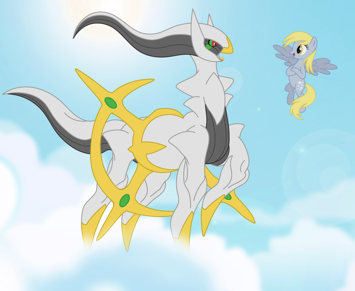 Size: 2200x1800 | Tagged: safe, artist:elsdrake, derpibooru import, derpy hooves, arceus, pegasus, pony, crossover, duo, female, flying, legendary pokémon, mare, pokémon