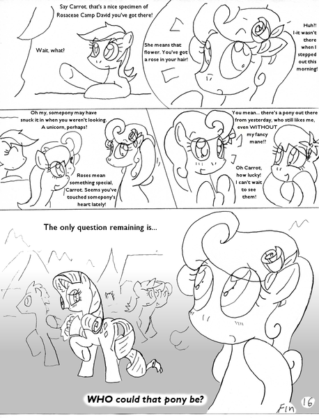 Size: 1012x1327 | Tagged: artist:conner cogwork, artist:terrichance, carrity, carrot top, comic, daisy, derpibooru import, female, golden harvest, implied shipping, lesbian, lily, lily valley, rarity, roseluck, safe, shipping, the mane attraction (comic)