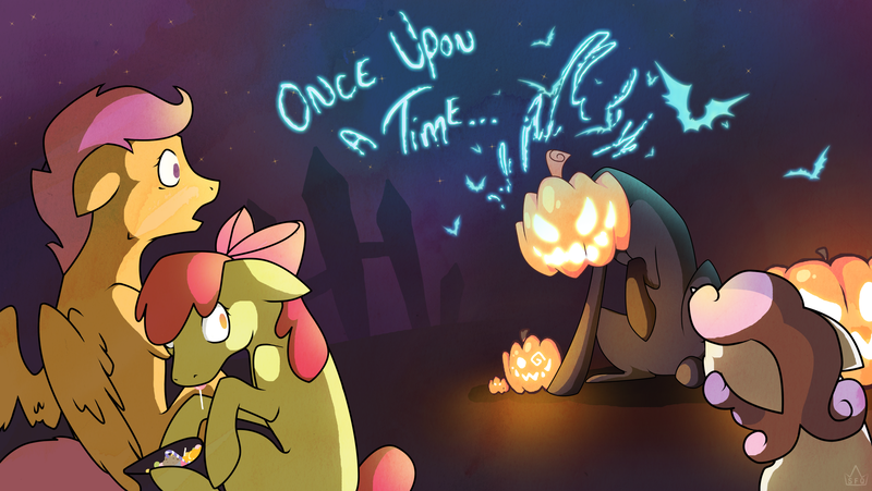 Size: 3550x2000 | Tagged: safe, artist:pon-ee, derpibooru import, apple bloom, scootaloo, sweetie belle, candy, cutie mark crusaders, drool, floppy ears, high res, jack-o-lantern, open mouth, pumpkin, raised hoof, sitting, tongue out, wide eyes