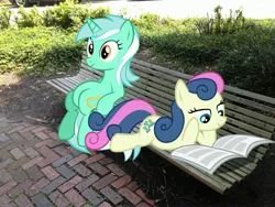 Size: 3264x2448 | Tagged: safe, artist:serindo, derpibooru import, bon bon, lyra heartstrings, sweetie drops, pony, bench, high res, irl, meme, newspaper, photo, ponies in real life, sitting, sitting lyra, vector