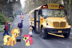 Size: 576x384 | Tagged: safe, artist:dontae98, derpibooru import, apple bloom, applejack, scootaloo, sweetie belle, human, pony, cutie mark crusaders, irl, photo, ponies in real life, school bus, vector