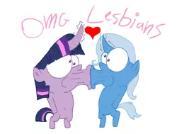 Size: 1767x1333 | Tagged: artist:peanutbutter, derpibooru import, female, heart, hornboner, kissing, lesbian, shipping, simple background, suggestive, trixie, twilight sparkle, twixie, white background