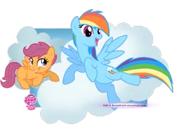 Size: 1100x825 | Tagged: safe, artist:ravenevert, derpibooru import, rainbow dash, scootaloo, pegasus, pony, blank flank, cloud, duo, duo female, female, filly, flying, mare, open mouth, scootaloo can fly, smiling, spread wings, wings