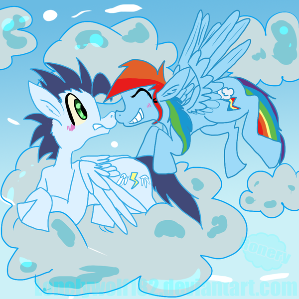 Size: 1000x1000 | Tagged: safe, artist:lonelywolf182, derpibooru import, rainbow dash, soarin', blushing, boop, cloud, cloudy, eyes closed, female, flying, grin, gritted teeth, male, noseboop, prone, shipping, smiling, soarindash, spread wings, straight, wide eyes