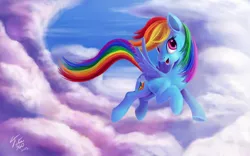 Size: 1920x1200 | Tagged: safe, artist:tsitra360, derpibooru import, rainbow dash, pegasus, pony, cloud, cloudy, cutie mark, female, flying, wings