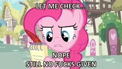 Size: 960x541 | Tagged: caption, derpibooru import, image macro, no fucks, notepad, pinkie pie, quill, reaction image, safe, vulgar