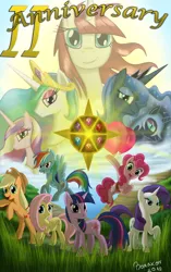 Size: 1500x2383 | Tagged: anniversary, applejack, artist:bonaxor, derpibooru import, fluttershy, happy birthday mlp:fim, lauren faust, mlp fim's second anniversary, nightmare moon, oc, oc:fausticorn, pinkie pie, princess cadance, princess celestia, princess luna, rainbow dash, rarity, safe, twilight sparkle