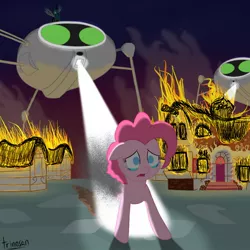 Size: 1280x1280 | Tagged: semi-grimdark, artist:trinosan, derpibooru import, pinkie pie, queen chrysalis, earth pony, pony, crying, disintegration, dying, female, heat ray, imminent death, invasion, mare, martian tripod, teary eyes, the war of the worlds, tripod