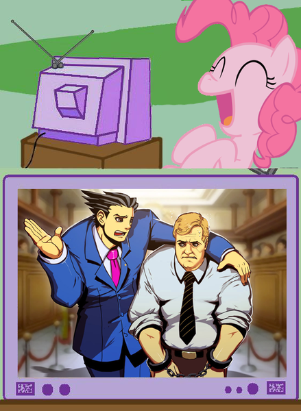 Size: 563x770 | Tagged: safe, artist:genzoman, derpibooru import, pinkie pie, human, pony, ace attorney, exploitable meme, kevin butler, meme, phoenix wright, tv meme