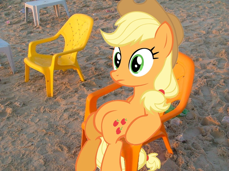 Size: 800x600 | Tagged: applejack, artist:plastikstuhl, beach, chair, derpibooru import, irl, israel, photo, ponies in real life, safe, sitting, solo, tel aviv