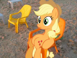 Size: 800x600 | Tagged: applejack, artist:plastikstuhl, beach, chair, derpibooru import, irl, israel, photo, ponies in real life, safe, sitting, solo, tel aviv