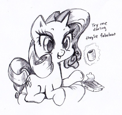 Size: 430x406 | Tagged: safe, artist:trips-ocho, derpibooru import, rarity, fig newtons, food, monochrome