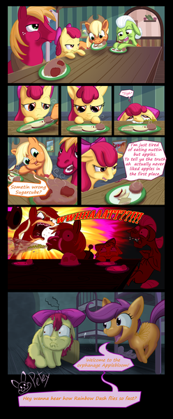 Size: 2656x6424 | Tagged: semi-grimdark, artist:pikapetey, derpibooru import, apple bloom, applejack, big macintosh, granny smith, scootaloo, earth pony, pony, aneurysm, angry, applebuse, choking, comic, crying, dark comedy, death, dishonorapple, disowned, eating, floppy ears, fluffy, frown, heart attack, implied death, intolerance, male, open mouth, orphan, orphanage, sad, smiling, spit take, stallion, table, we are going to hell, wide eyes, yelling